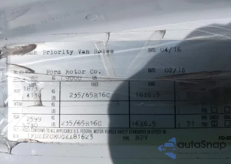 2016 Ford Transit-350 Xl z USA, uszkodzony, nr VIN 1FDZX2CM0GKA81623